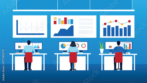 Three people working at desks with data charts displayed on screens in a modern office setting design