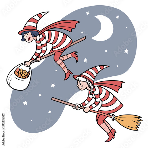 Two witches in striped outfits flying on broomsticks under a crescent moon with stars in the night sky