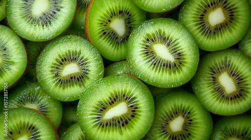 Fresh kiwi slices filling the frame, a vibrant green background