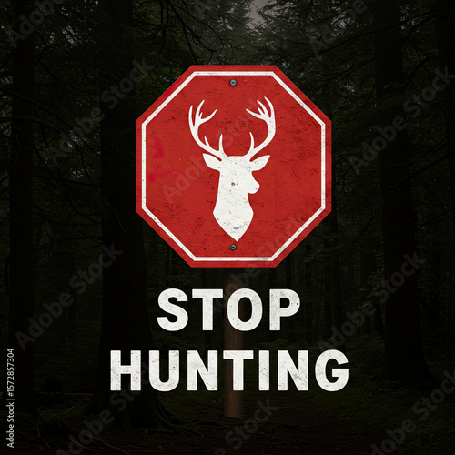 Stop Hunting Sign: A poignant stop sign against a backdrop of a dense forest. The sign features the silhouette of a deer head, sending a clear message of conservation and respect for wildlife.