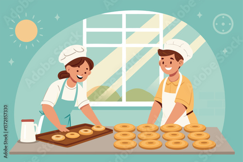Vector happy bakers working together to make bagels.