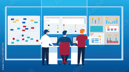 Three people analyzing dashboards with charts and graphs in a control room environment setting here