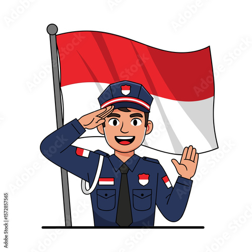 Smiling security guard saluting flag