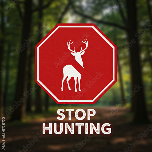 Stop Hunting: A red octagonal sign with a deer silhouette, its head cut off, conveying a powerful message against hunting in a forest background. 