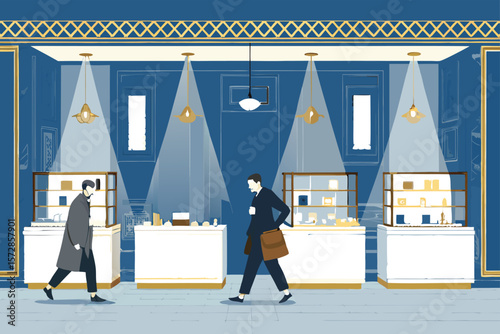 High-end mall interior, Art Deco style, vector illustration.