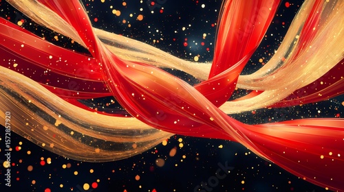 Red and gold ribbons flowing on black background with glitter