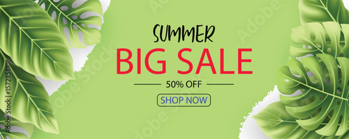 Vector summer background with green tropical leaves and bold text for seasonal promotions. Bright green tones evoke freshness and energy, suitable for eco-themed summer ads.