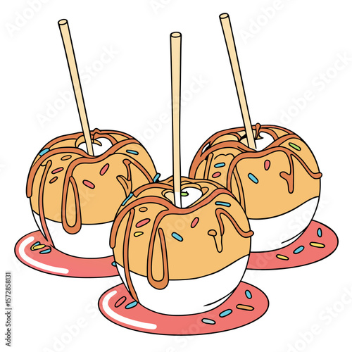 Illustration of three caramel apples with sticks, caramel drizzle, and colorful sprinkles on a white background