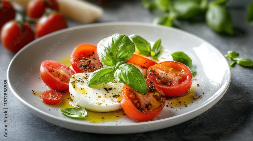 Fresh mozzarella salad with ripe tomatoes and basil drizzled with olive oil on a dining table Fresh mozzarella salad with ripe tomatoes and basil drizzled with olive oil on a dining table