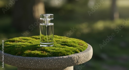Elegant perfume bottle on moss pedestal capturing nature's essence in luxury setting