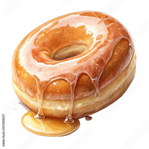 Glossy donut with sugary glaze melting over its smooth rounded shape