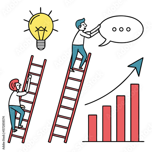 Business growth illustration with people climbing ladders and a lightbulb representing ideas and progress
