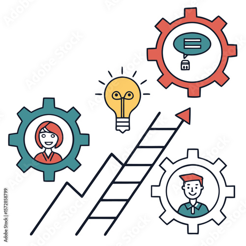 Illustration of business growth with gears, people, lightbulb, and upward trending arrow ladder