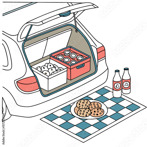 Car trunk open with food containers milk bottles and cookies on checkered blanket for picnic outing scene