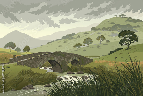 Hilly Scottish golf landscape with ancient ruins vector illustration.