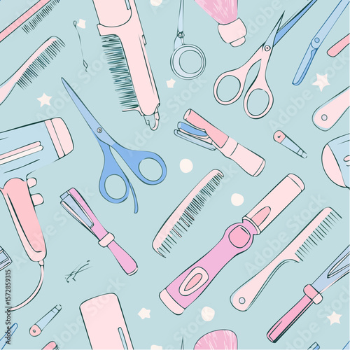 Seamless vector banner with outline hairdresser tools. Hand drawn barber equipment background. Hair dryer, curling and flat iron, scissors, comb, brush in freehand style. Beauty ...