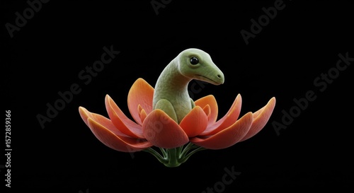 Surreal depiction of a dinosaur emerging from an orange flower on a black background