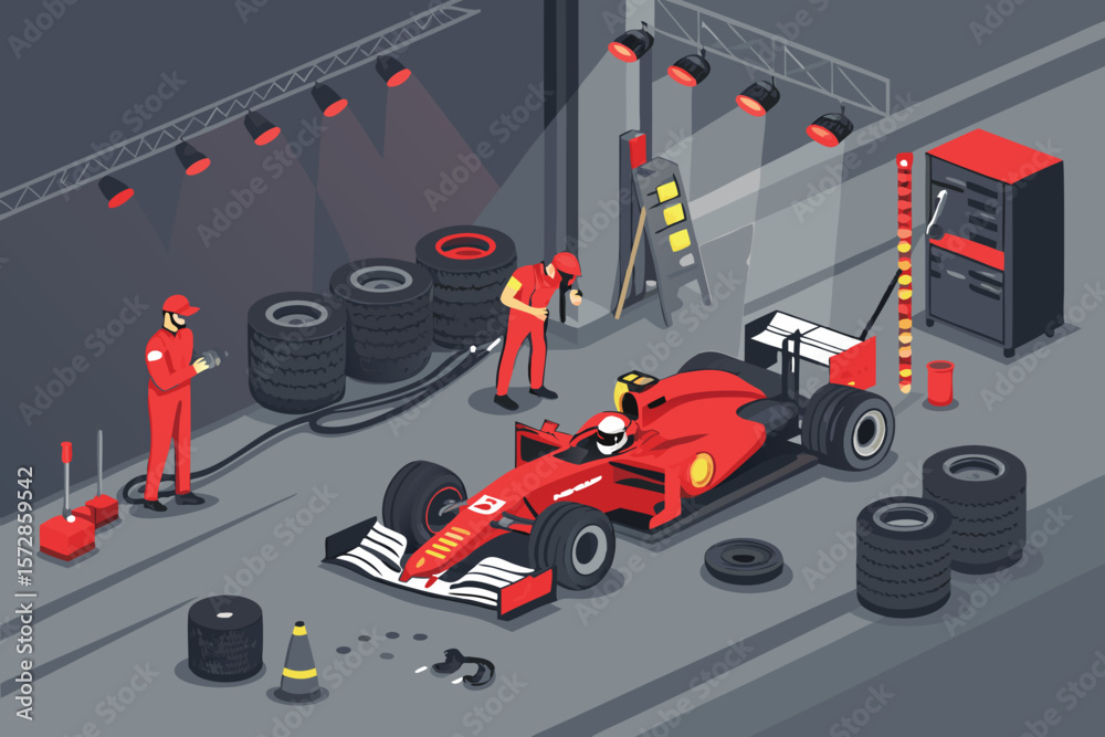 Fototapeta premium Dynamic vector illustration of an F1 pit stop, mechanics swiftly changing a race car's tires.