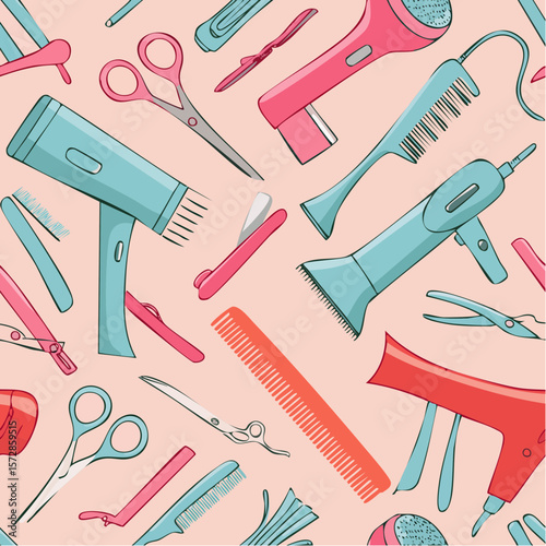 Seamless vector banner with outline hairdresser tools. Hand drawn barber equipment background. Hair dryer, curling and flat iron, scissors, comb, brush in freehand style. Beauty ...