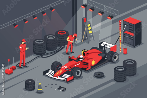 Dynamic vector illustration of an F1 pit stop, mechanics swiftly changing a race car's tires.