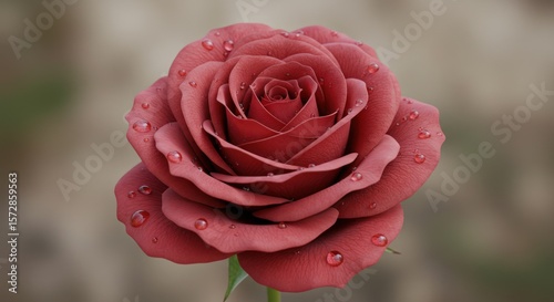 A captivating closeup of a vibrant red rose adorned with sparkling water droplets displaying