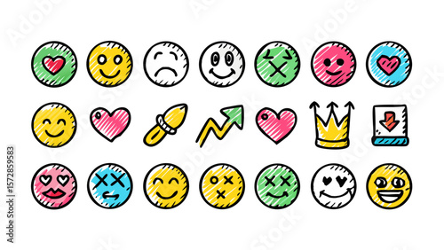 Smile doodle emoji faces in hand drawn vector doodle sketchy style. Happy, sad, crying emotional scribbles, comic elements for business design.