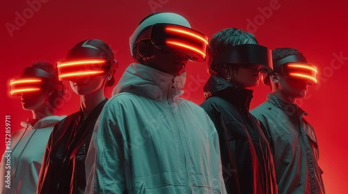 Virtual Reality people in neon light engaging with air while gaming. virtual reality game, wearing VR headset that offers a 360-degree experience, set against a dark background illuminated by vibran