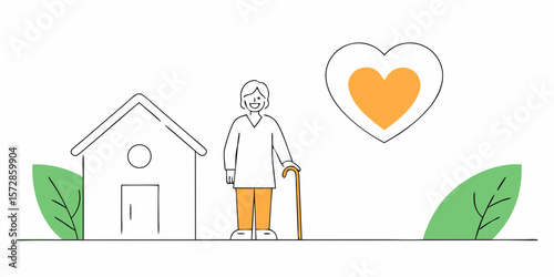Senior care at home showing love and support featuring a house, heart symbol, elderly person, and walking stick for assisted living design
