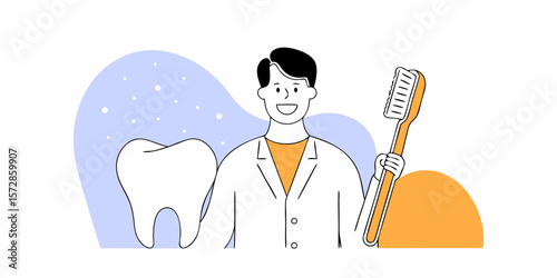 Dental professional illustration featuring a smiling dentist, tooth, and toothbrush for health and hygiene awareness campaigns in clinics.