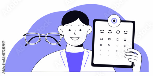 Optometrist with eyeglasses and vision test chart, suitable for eye care or medical themed design projects needing professional touch.
