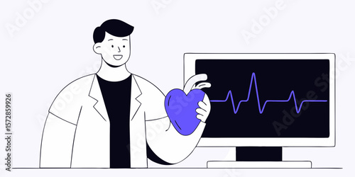 A doctor holding a heart graphic design stands near a computer monitor displaying a healthy heartbeat for cardiology related projects.