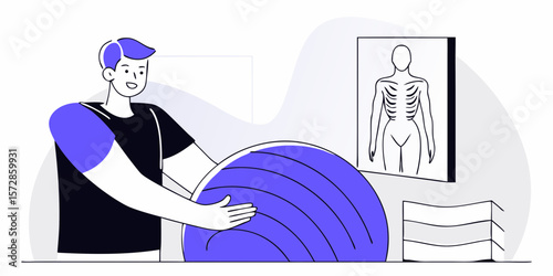 A cheerful man engages in physiotherapy with a fitness ball, in a health care setting, promoting physical activity and wellness.