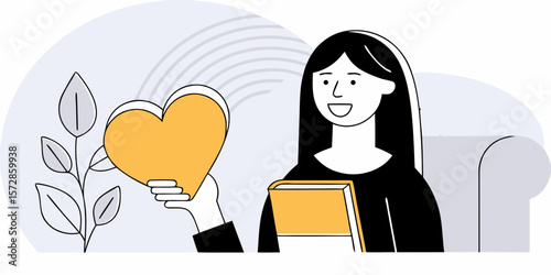 A woman with a heart graphic represents love, kindness, and compassion, ideal for use in social media posts, web design, or marketing materials.