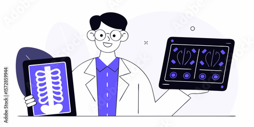 Doctor with X-ray images offering medical diagnosis and health care expertise in a minimal outline drawing graphic.