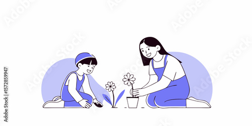 A flat design graphic of a mother and child planting flowers together shows a warm family moment in a garden setting.