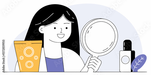 Young woman with mirror and cosmetic beauty products for skincare routine and personal care in simple line art style.