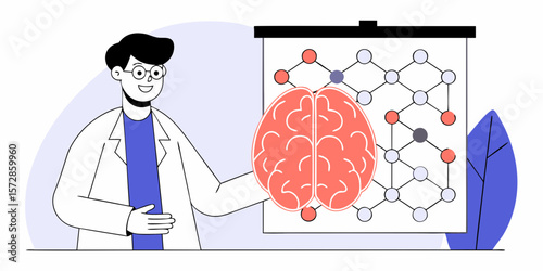 Scientist explaining human brain network concept, an ideal graphic for science projects and educational materials using artificial intelligence and medical research.