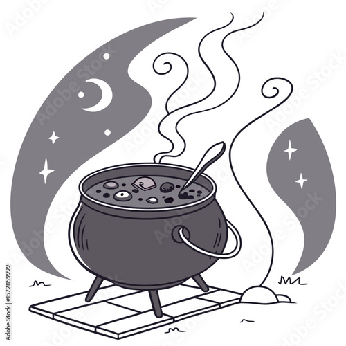 Illustration of a cauldron with potion bubbling under a moon and stars on a tiled surface with steam rising
