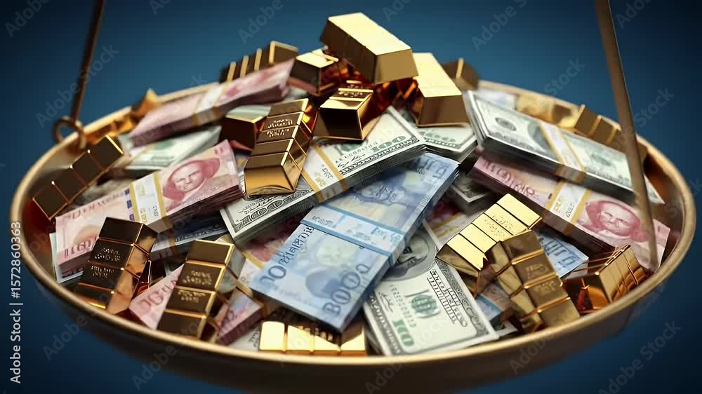Currency balance golden scale holding dollar bills and yuan notes