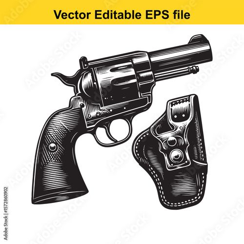 Monochrome Illustration of a Revolver with Holster A Classic Western Image