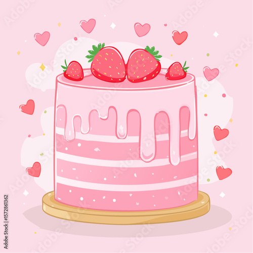 Cute pink bento cake with melting glaze and strawberries on top. Girly dessert for birthday, valentine day, anniversary. Hand drawn doodle pastry. Vector ...