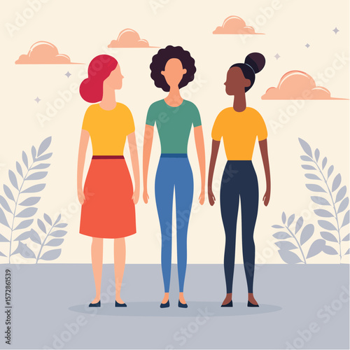 Women of different races standing together. Profile silhouettes of three female characters with varaious hairstyles. Minimal line art style illustration. Feminist movement ...