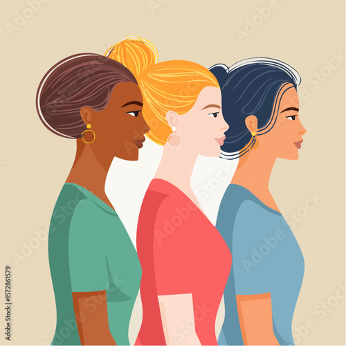 Women of different races standing together. Profile silhouettes of three female characters with varaious hairstyles. Minimal line art style illustration. Feminist movement ...