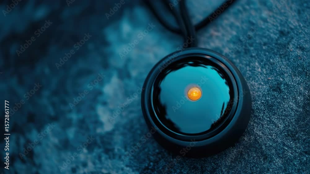 A small, round object with a yellow light on it. It is on a rock. The rock is blue