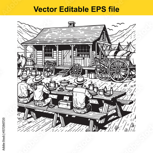 Vintage Western Scene featuring a Group of People Enjoying a Meal at a Picnic Table near a Cabin