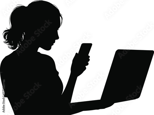 Silhouette of woman using smartphone and laptop, digital multitasking concept, working remotely, modern technology lifestyle, online communication, wireless connectivity, mobile device illustration