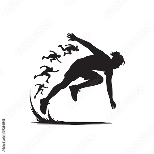 A male athlete executes a powerful jump, his motion captured in a dynamic silhouette