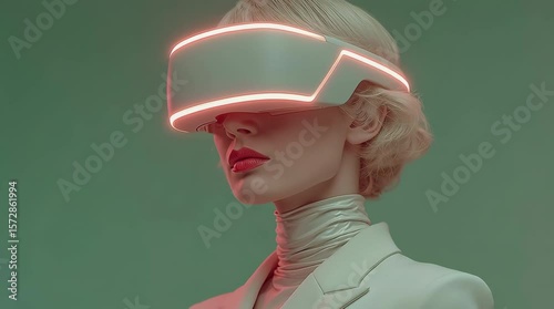  Virtual Reality woman in neon light engaging with air while gaming. virtual reality game, wearing VR headset that offers a 360-degree experience, set against a dark background illuminated by vibrant.
