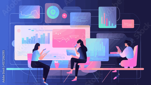 Creative design showcasing data analysis with people collaborating in an office environment, ideal for business and tech-related projects.