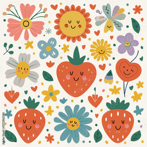 Set of naive retro doodles. Cute flowers, hearts, strawberry, cherry, smiling faces and other shapes. Abstract groovy decor. 70s disko party aesthetic. Funky vector elements for card, poster ...